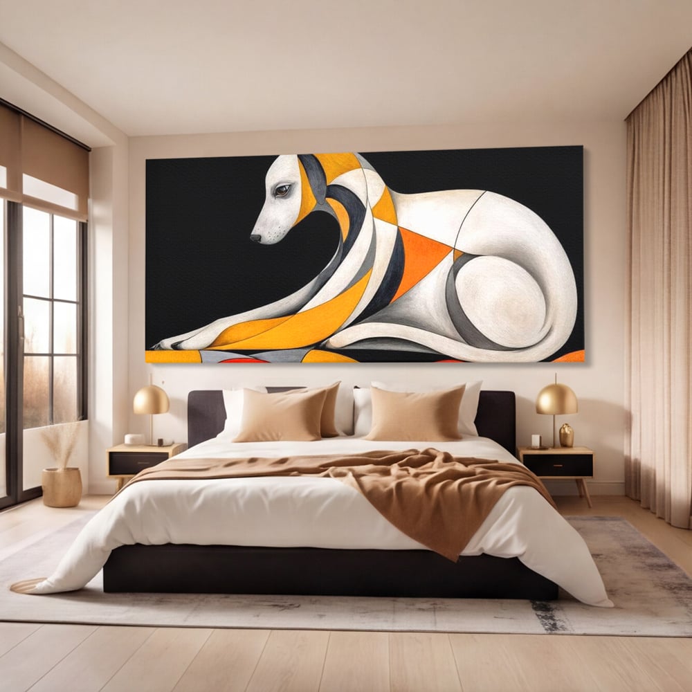 Tablou canvas cu tablou canvas cu caine stilizat in forme geometrice, fara rama, pe sasiu de lemn, pe perete intr-un dormitor